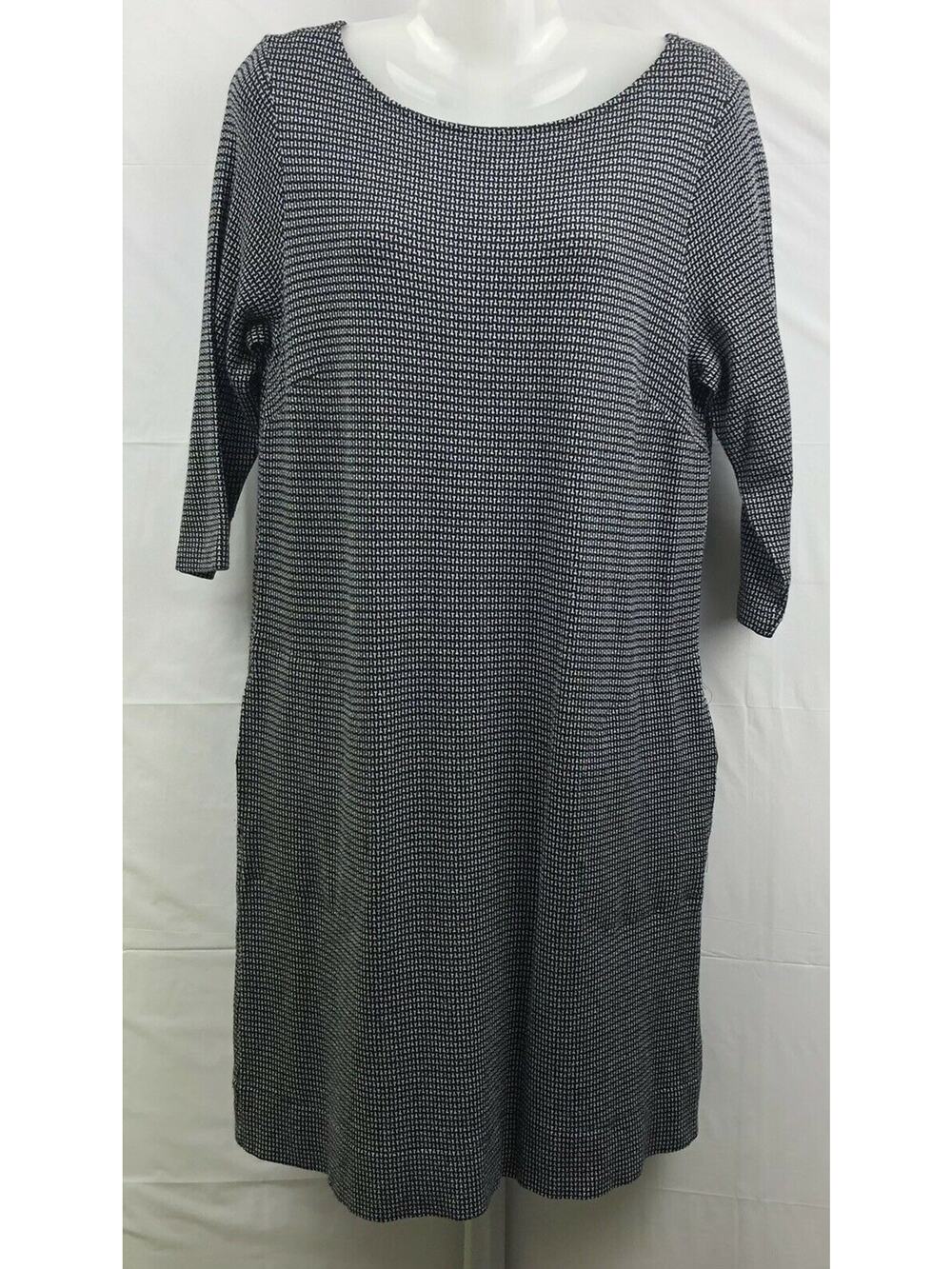 J Jill Ponte Dress Women Small Black White Print Stretch Knit 3/4 Sleeve Pockets